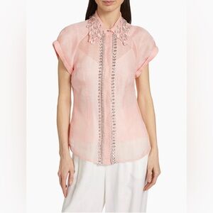 NWT Zimmermann Diamante Linen-Blend Blouse Pink